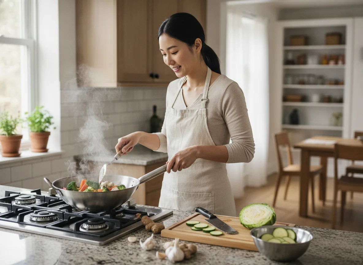 Describe the picture task picture: A young East Asian woman cooking at the stove in a modern home kitchen: she is stir-frying vegetables in a wok, steam rising, more vegetables and a cutting board on the counter beside her.