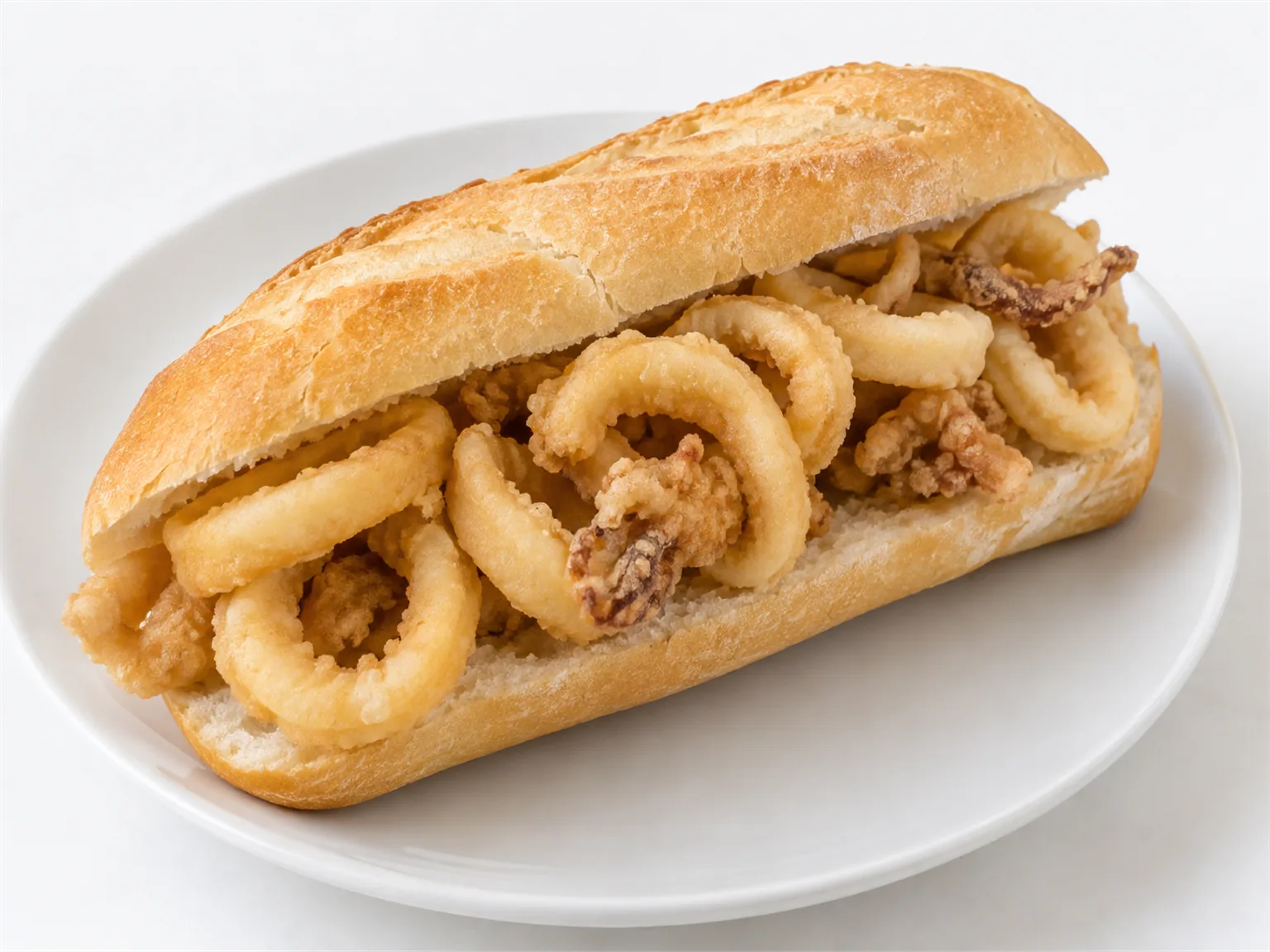 Option C: a long bread roll filled with fried squid rings on a white plate