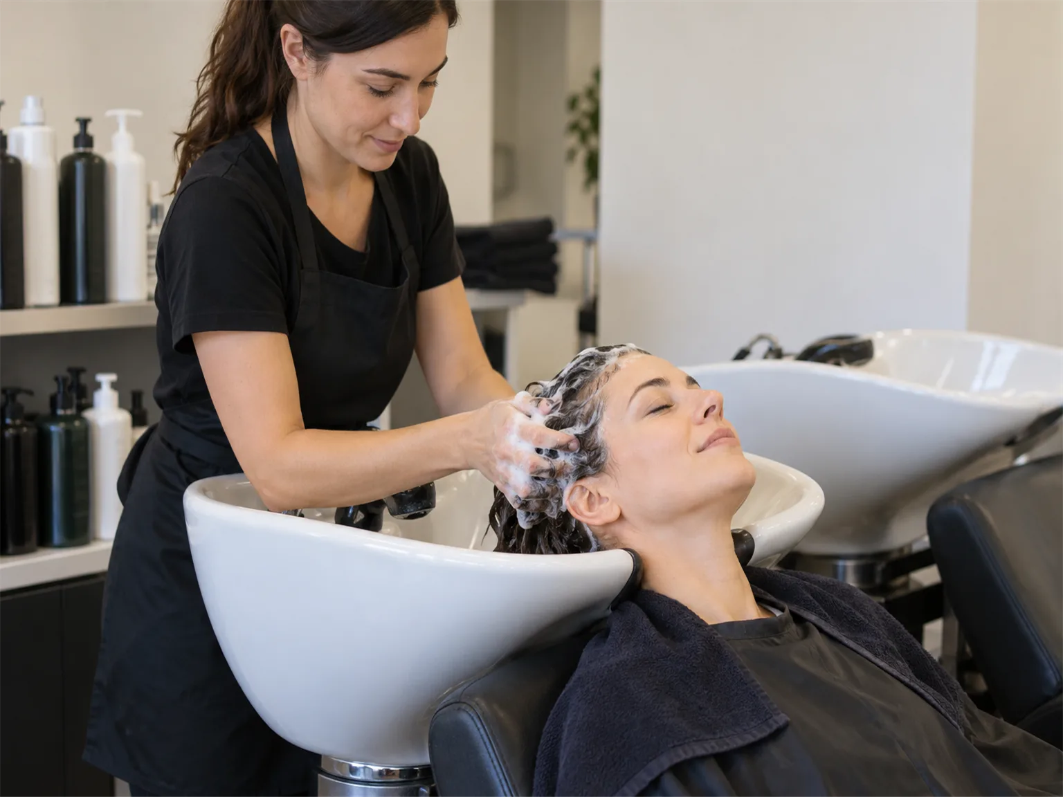Option A: a hairdresser washing a seated client's hair at a sink in a salon