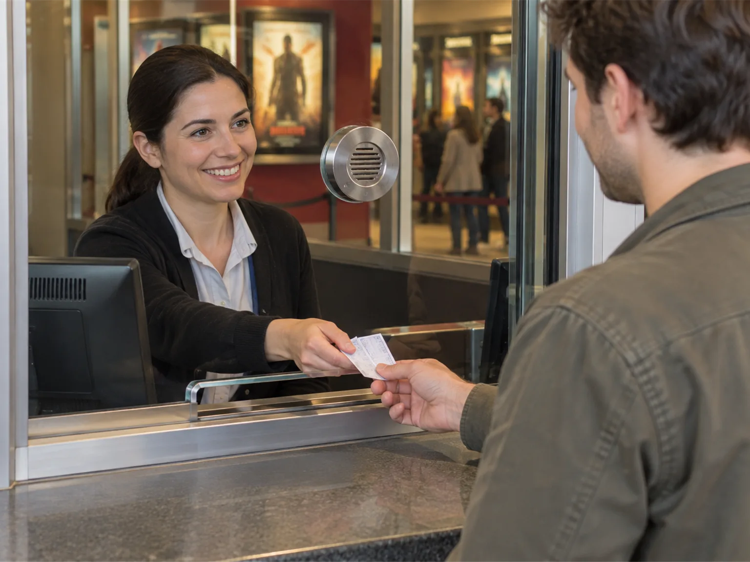 Option C: a seller behind a cinema box office window handing tickets to a customer