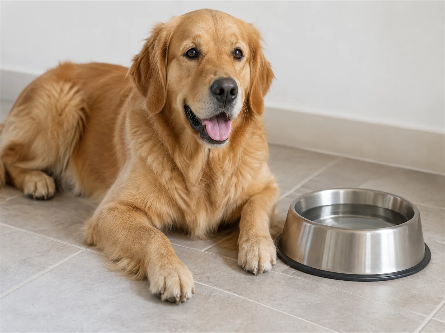 Option B: a dog lying down beside its round water dish