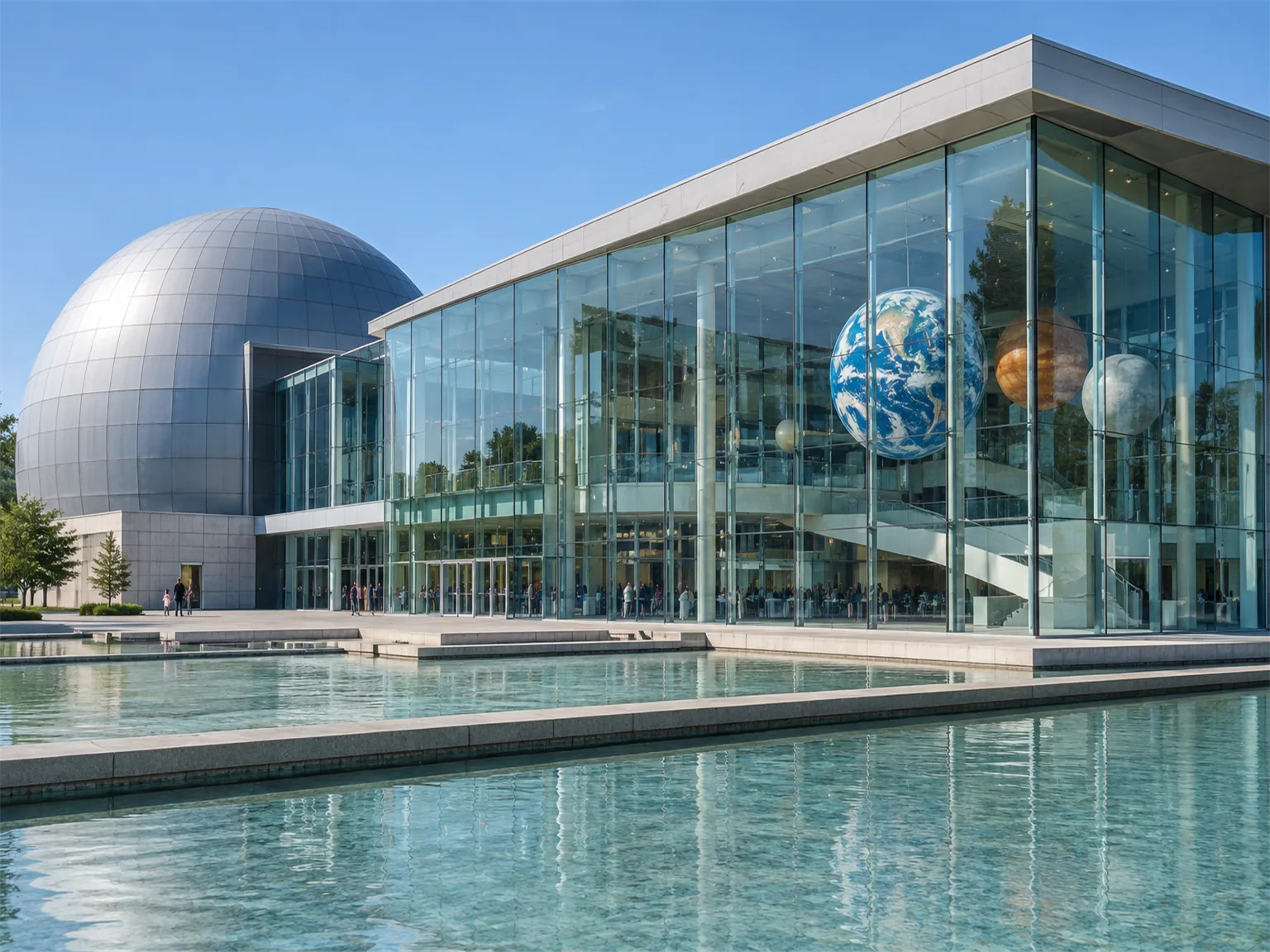 Option C: a modern science museum building with large glass walls and water pools