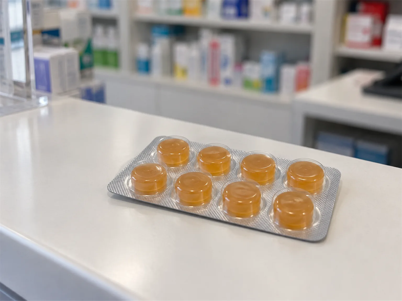 Option B: a packet of round throat tablets lying on a pharmacy counter