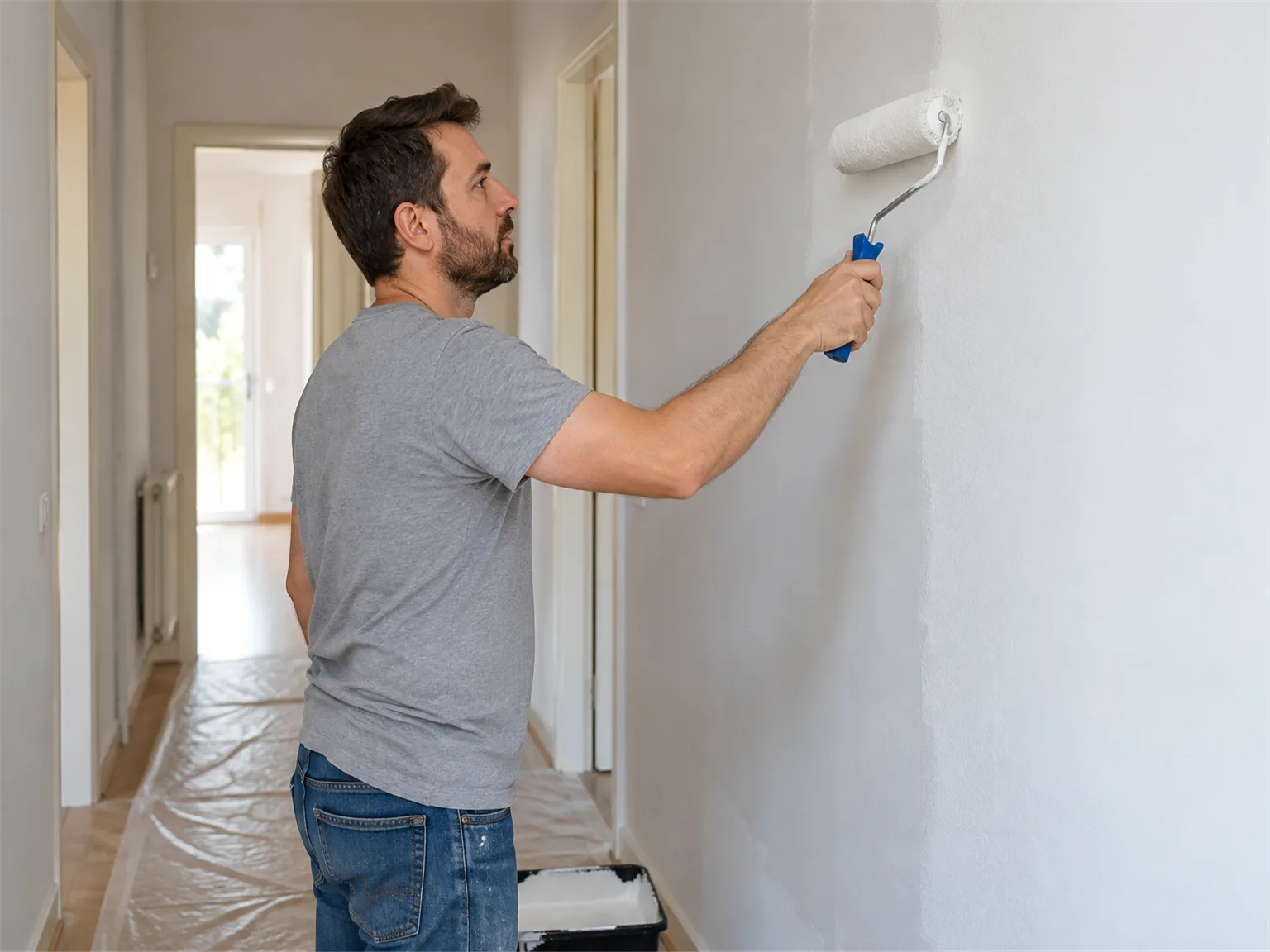Option C: a man painting a hallway wall with a paint roller