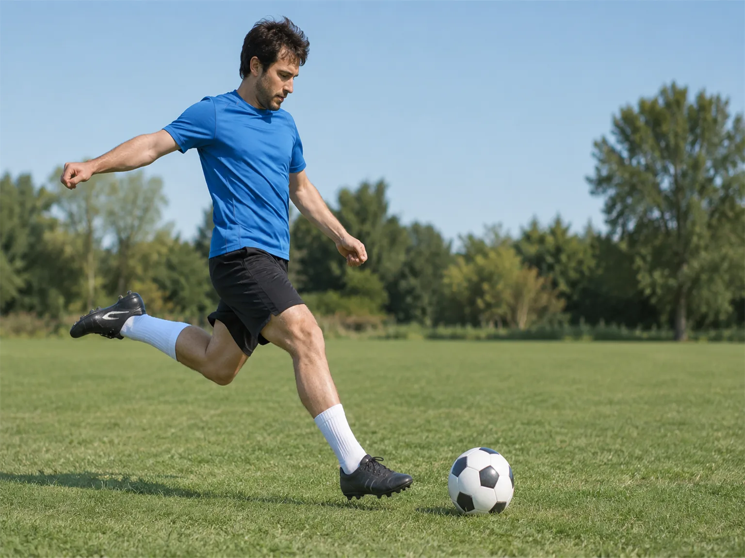 Option A: a person kicking a football across a grass field