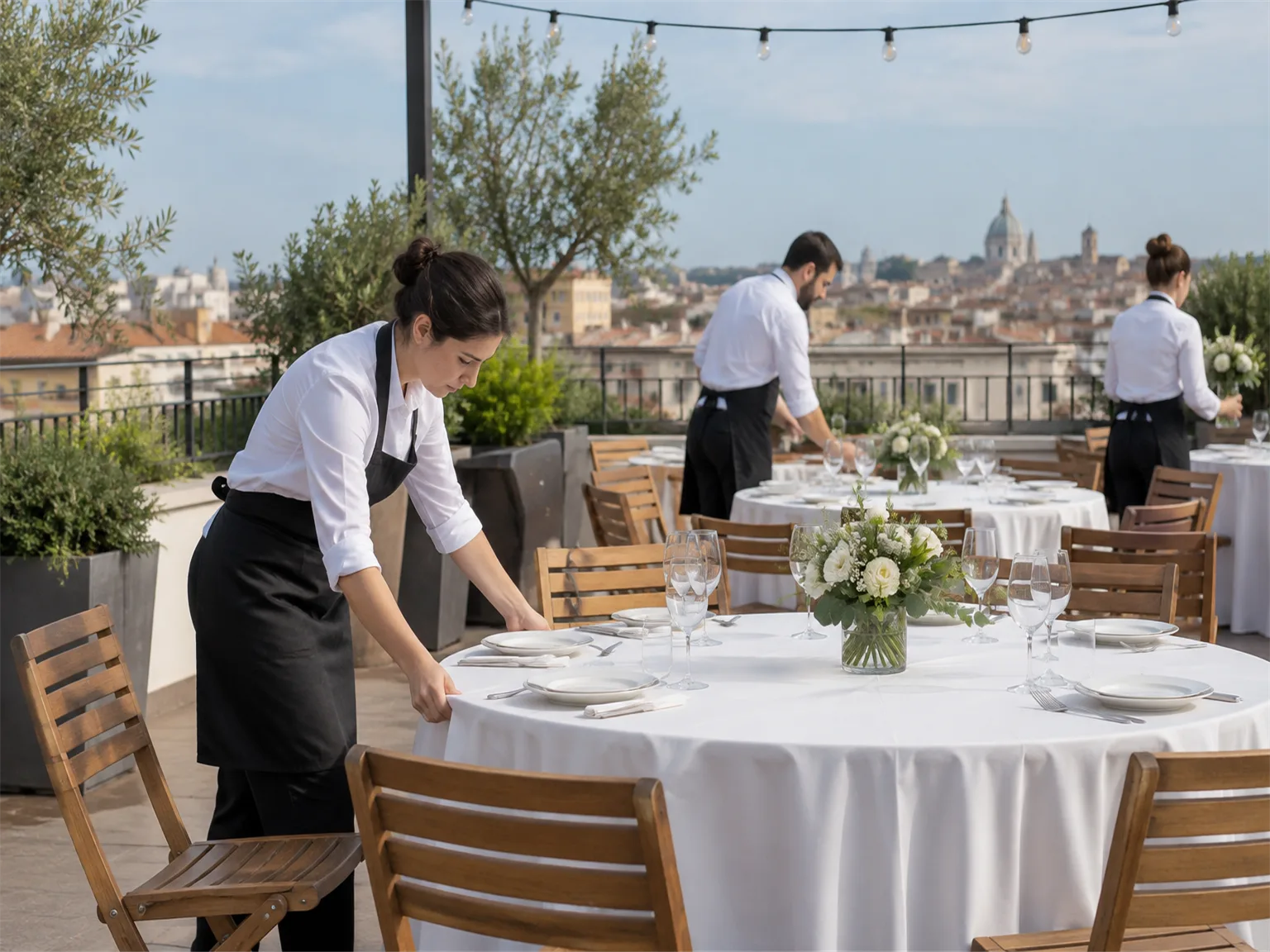 Option A: workers setting up tables for a party on a rooftop terrace