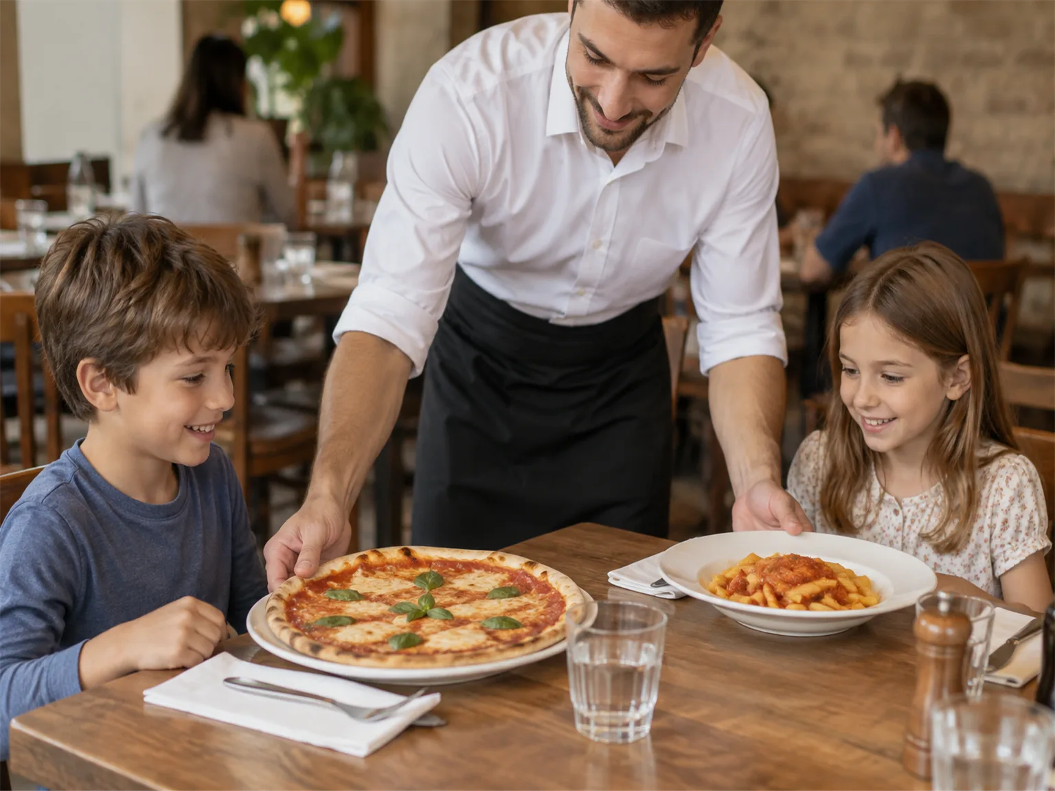 Option G: a waiter placing plates of pizza and food in front of two children at a restaurant table