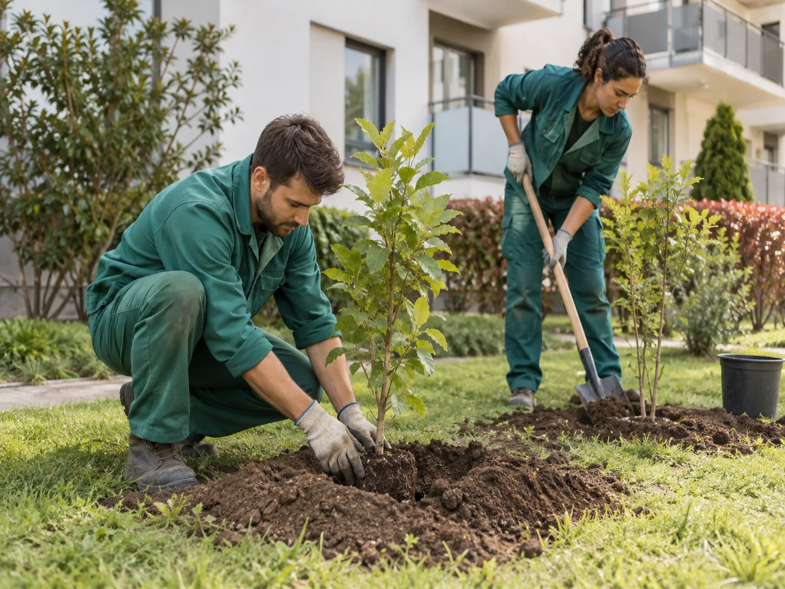 Option B: two gardeners planting small trees in a building's garden