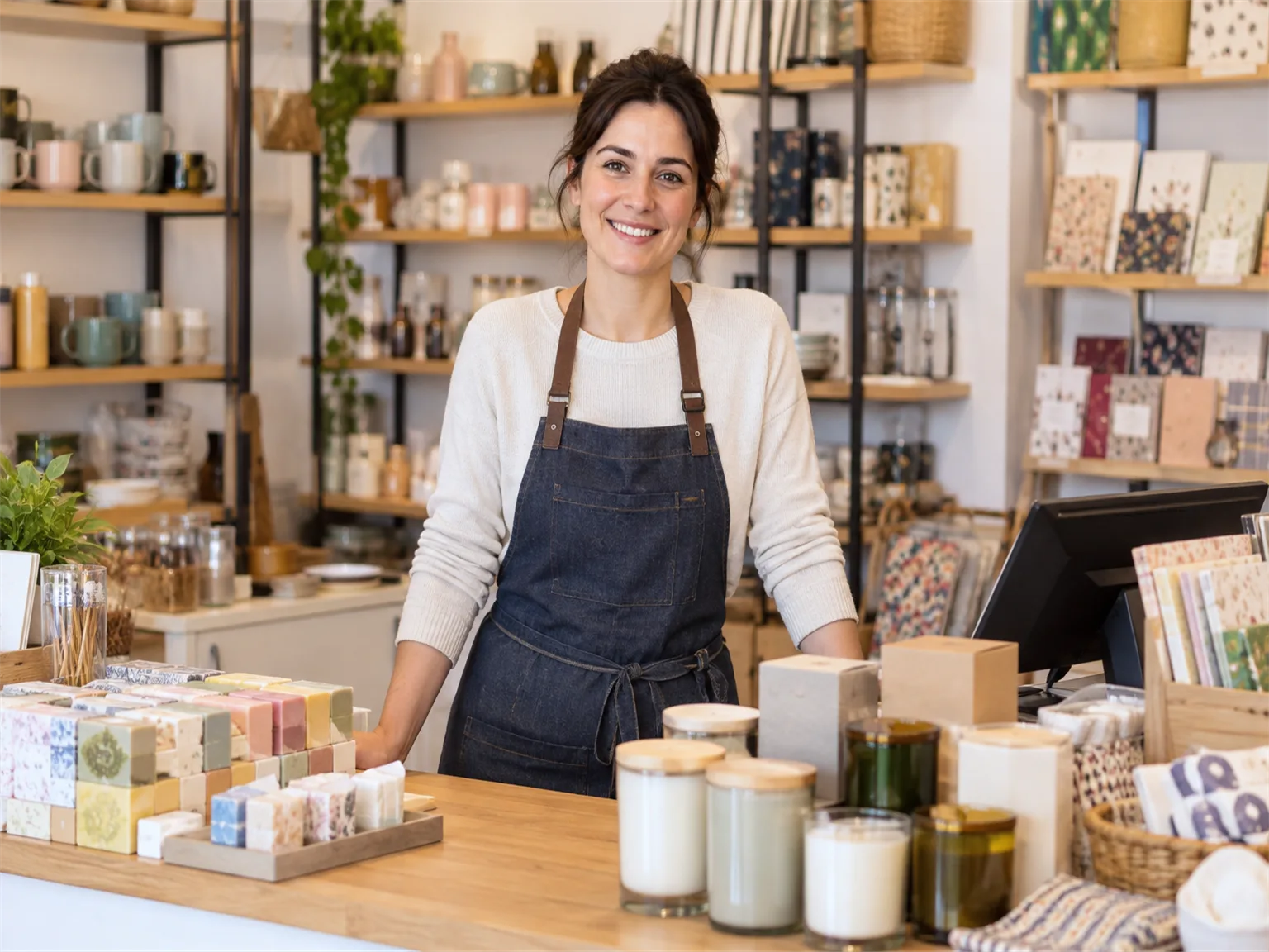 Option C: a shop assistant standing behind a counter full of products