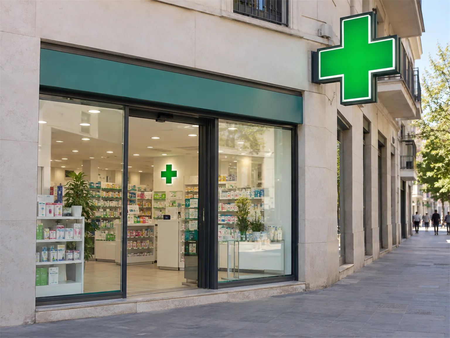 Option B: a pharmacy storefront with a large green cross symbol
