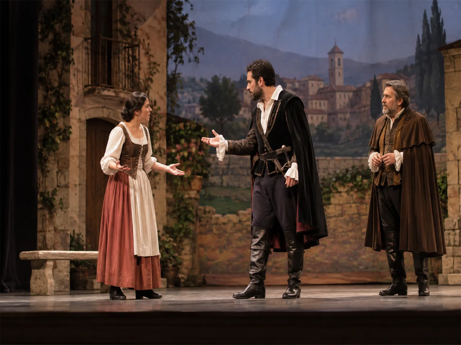 Option A: actors performing a play on a theater stage with painted scenery