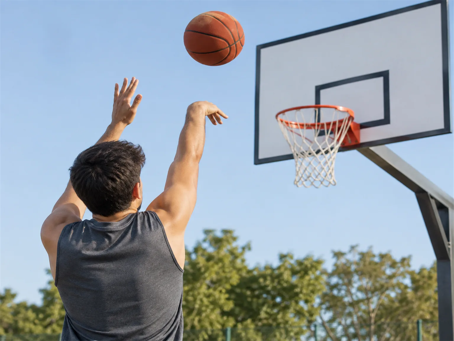 Option C: a person shooting a basketball toward a hoop