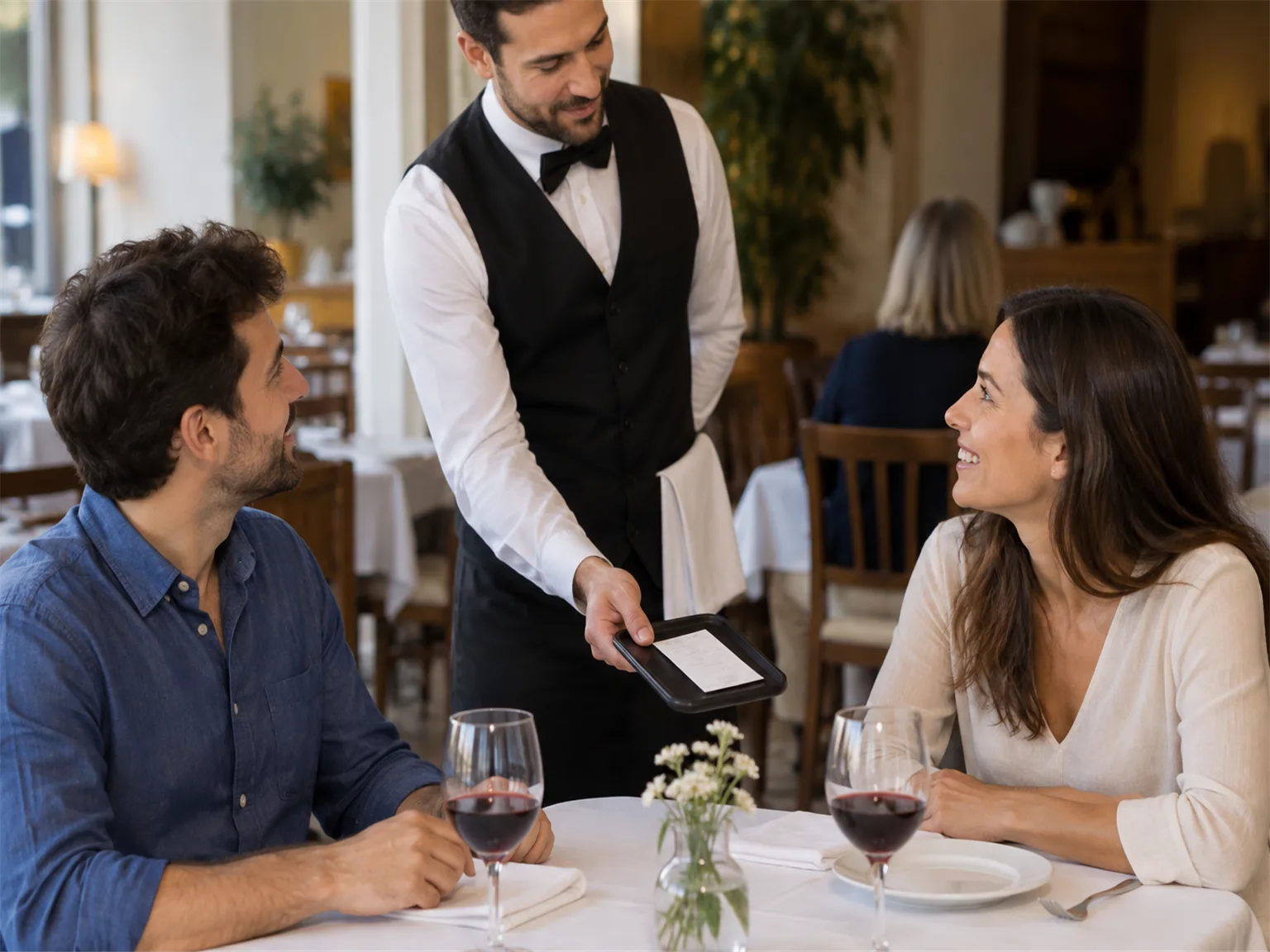 Option B: a waiter handing a small tray with the paper bill to two diners at a restaurant table