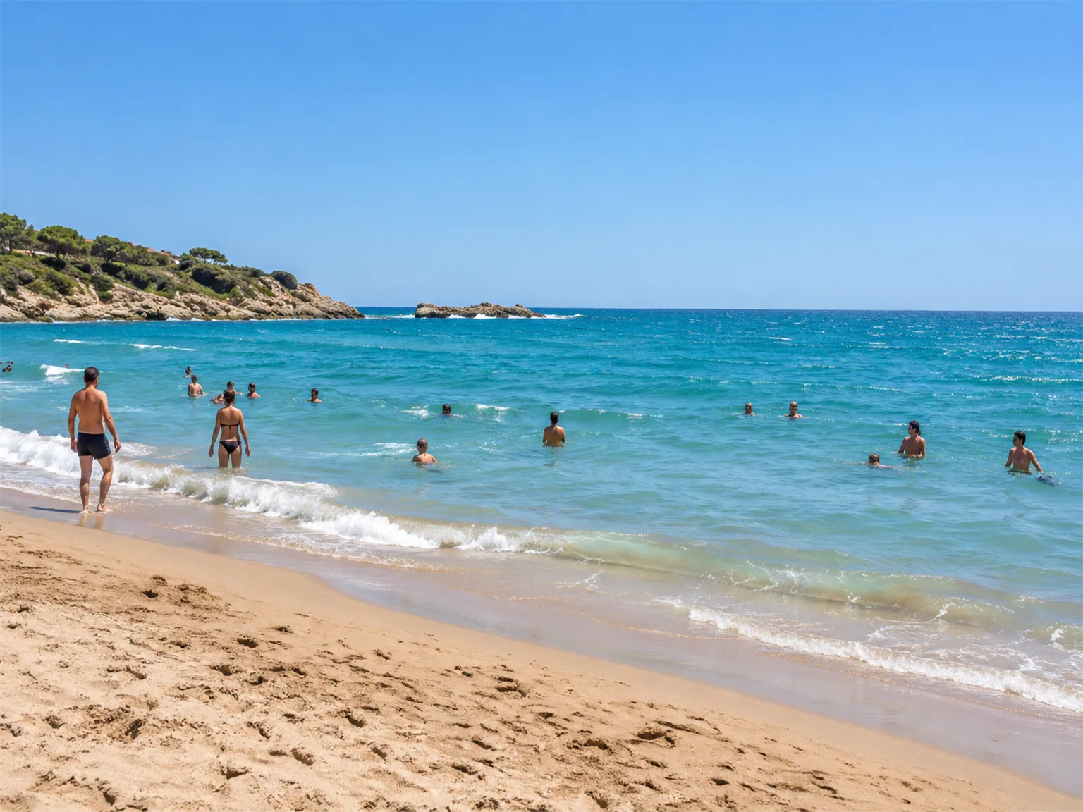 Option A: a beach with sand, sea and people swimming under the bright sun