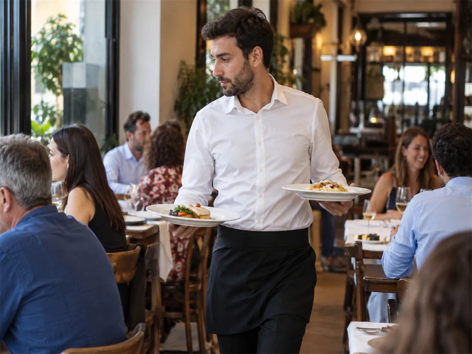 Option A: a waiter carrying plates between tables in a busy restaurant