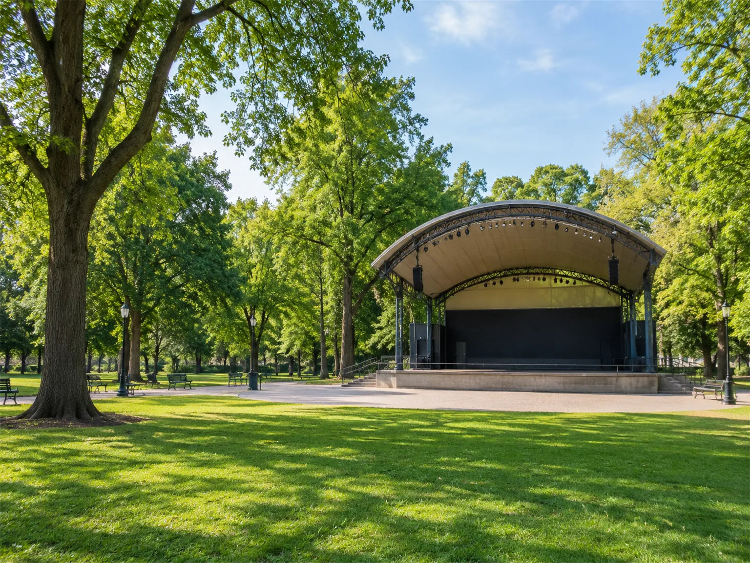 Option B: a green city park with tall trees and an open concert stage