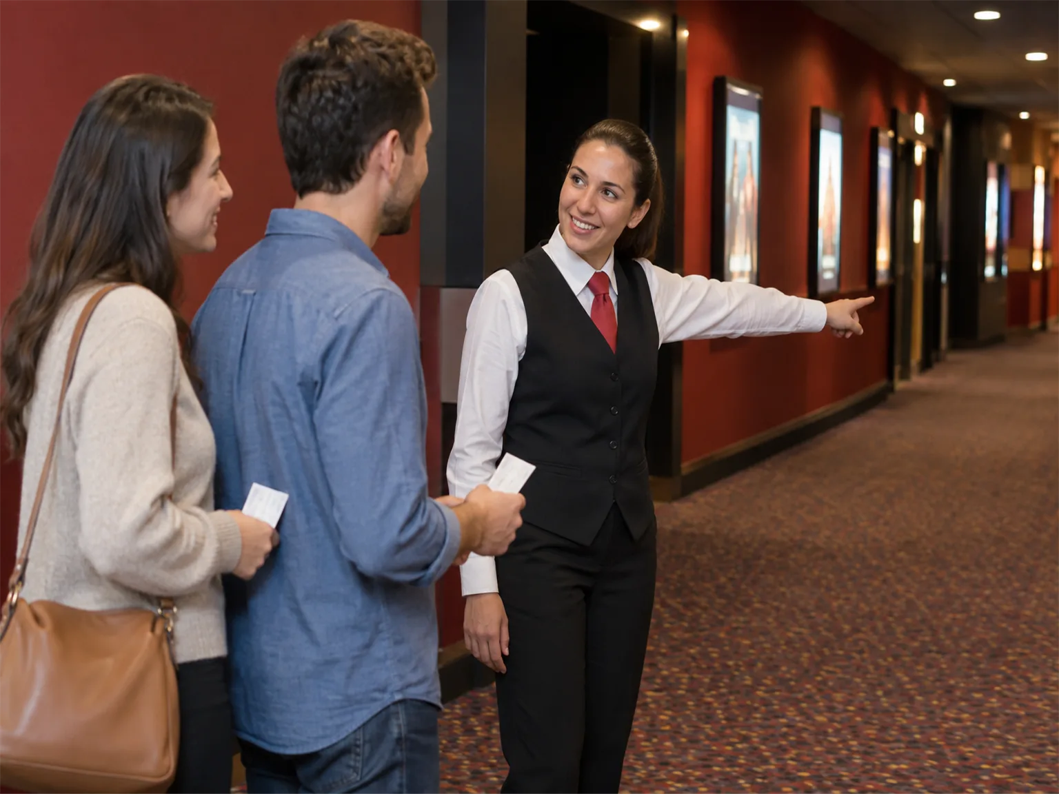 Option F: a cinema usher pointing down a corridor for a couple holding tickets